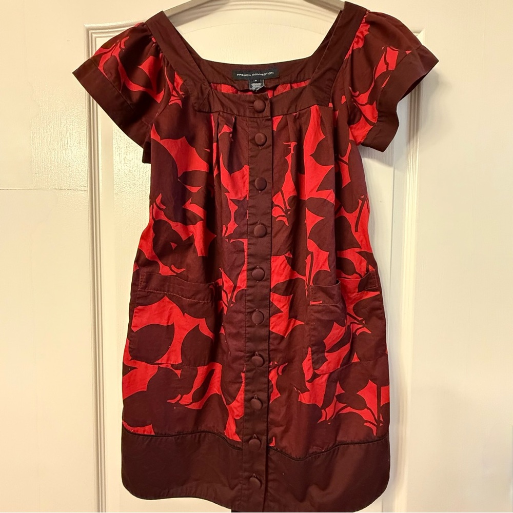❤️🤎 French Connection Brown Red Floral Button Front Dress Size 6 Cotton Belted